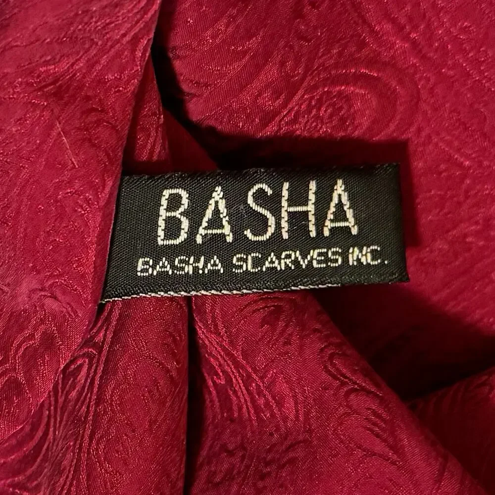 BASHA‎ 100% Silk Paisley Jacquard Burgundy Fringe Scarf Shawl Wrap 10x64 Luxury